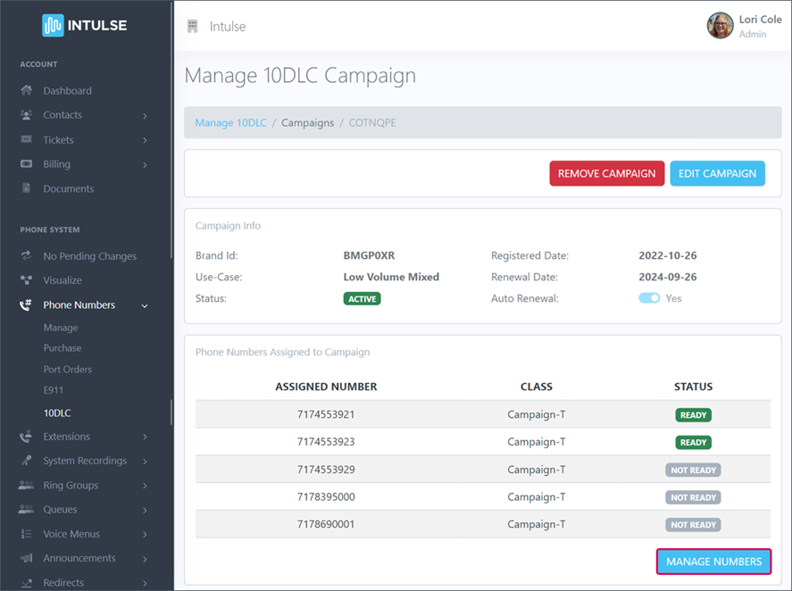 Manage 10DLC Numbers